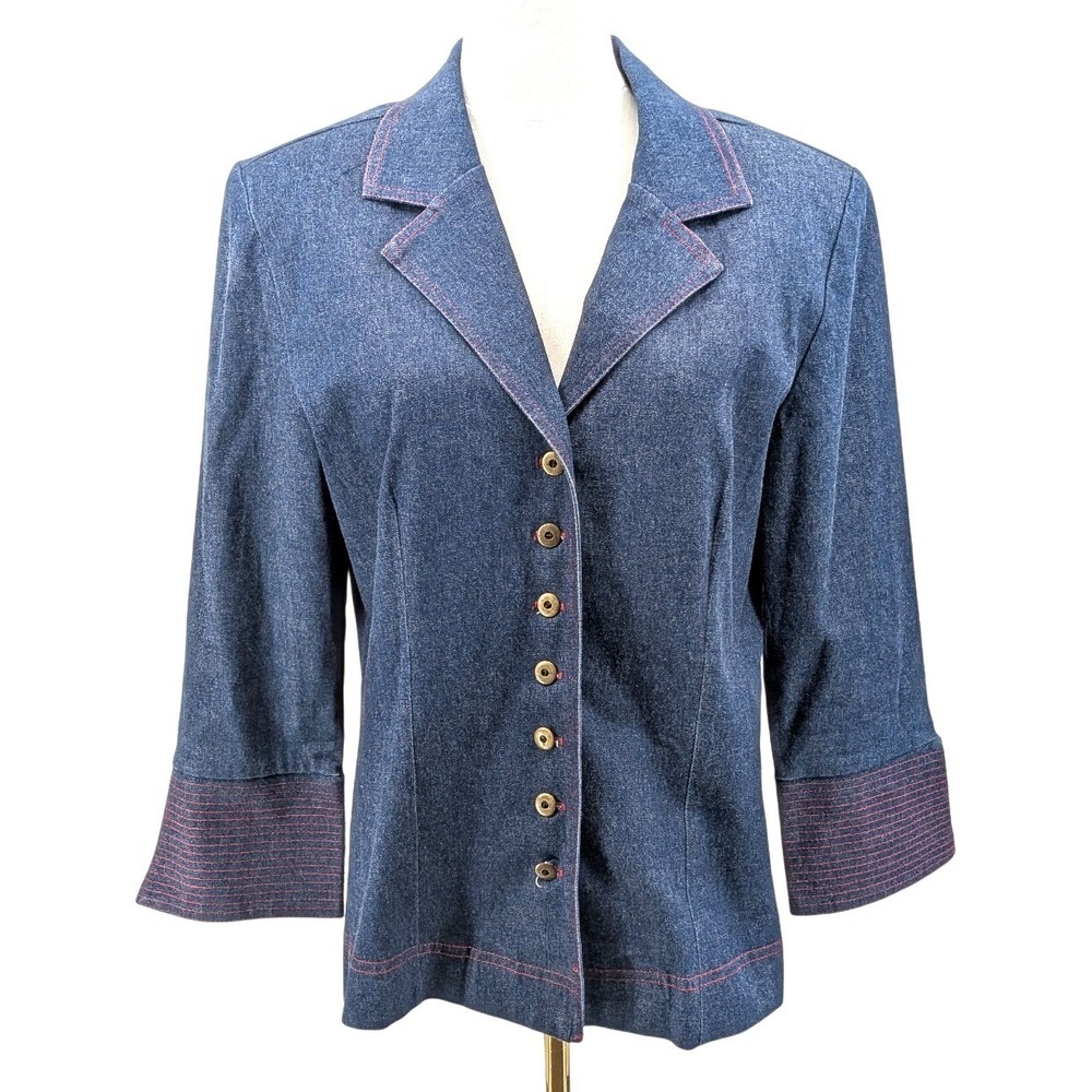 Vintage 90s O.M.G. Denim Blazer Contrast Stitch Flared Cuffs USA Size 12